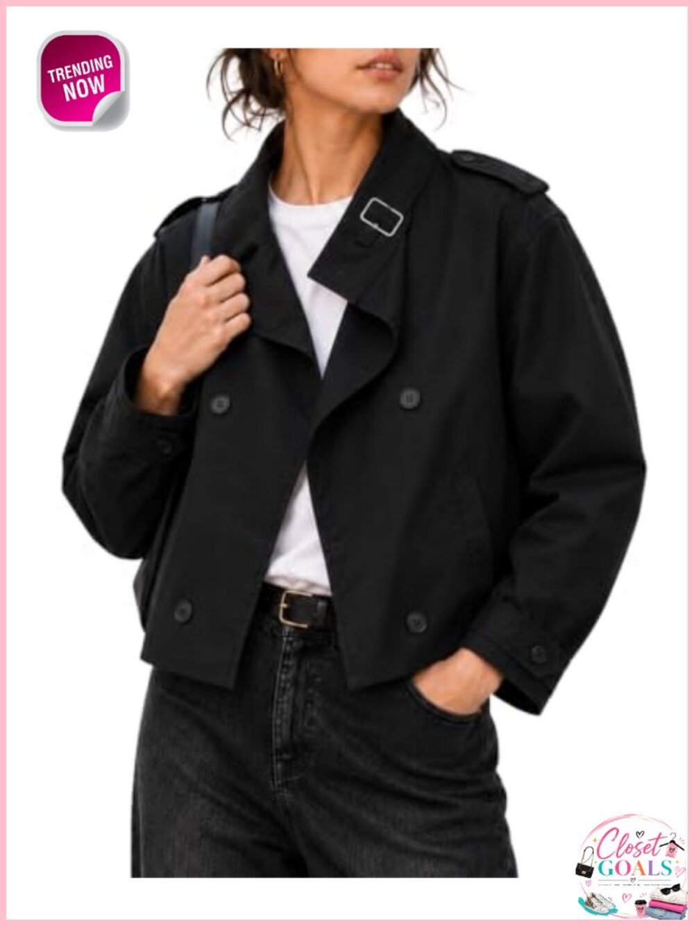 Cropped Trench Jacket Funnel Neck Cotton Blend Casual Lightweight